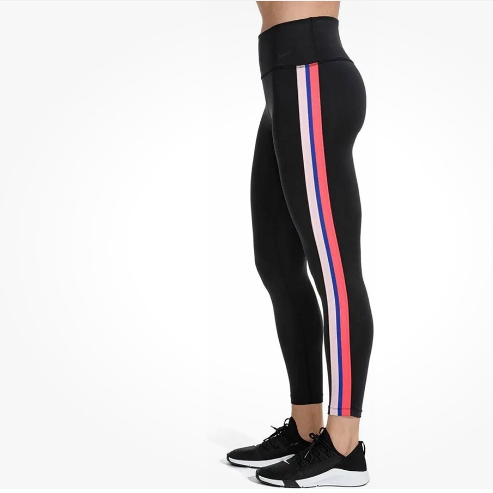 Nike Power Victory Stripe Training Tights Pants Stretch 7/8 Black Multi Red Logo